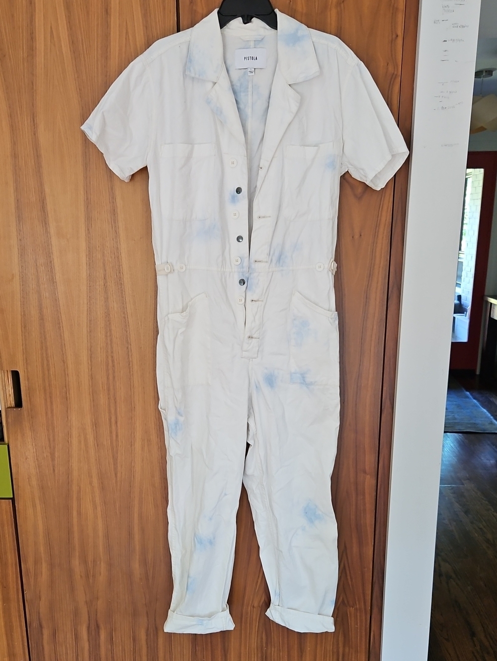 Pistola White Short-Sleeve Tie-Dye Jumpsuit with Light Blue Accents